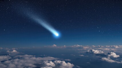 An expansive view of the night sky with a bright comet streaking across it, set against the backdrop of clouds.