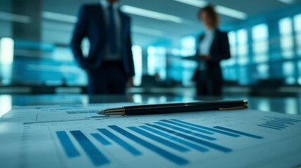 Close up of financial documents with pens, blurred businesspeople in background