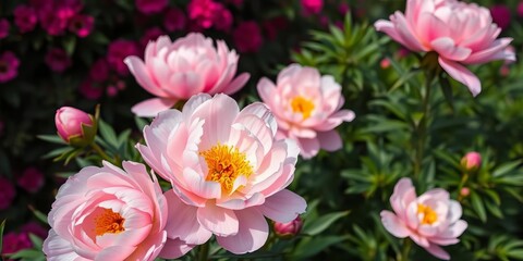 Obraz premium Full bloom pink peonies, lush garden backdrop, petals, nature photography