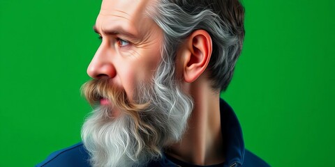 Naklejka premium Full shot, aged beard, side profile, walking, green screen, mature adult, background