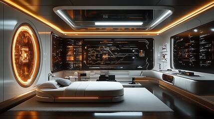 Obraz premium Futuristic Bedroom Interior Photo With Advanced Technology And Minimalist White Design Style