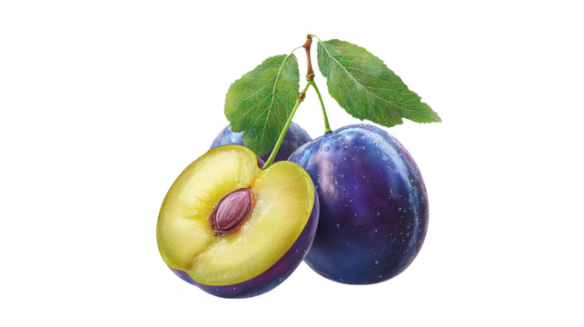 plums with a leaf on a transparent background, PNG image, PNG file, Generative art.