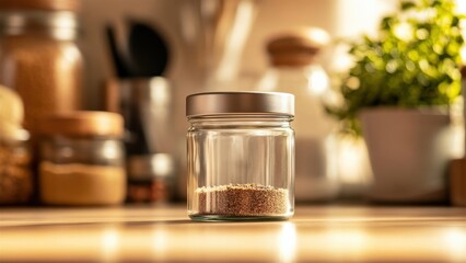 Glass Jar Containing Seasoned Granules in a Cozy Kitchen