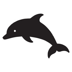 A minimalistic illustration of a black silhouette of a dolphin.