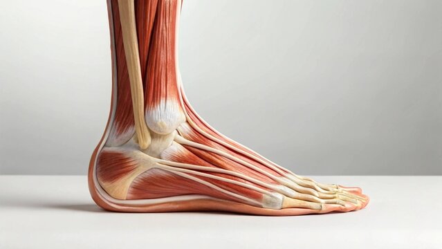 This image showcases a detailed anatomical model of a human foot and ankle from the side, highlighting the tibialis anterior, peroneal tendons, and the structure of the lower leg
