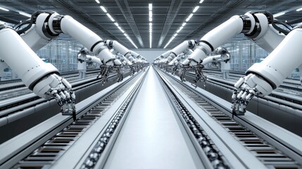Futuristic automated factory assembly line with numerous white robotic arms performing repetitive tasks on a long conveyor belt.