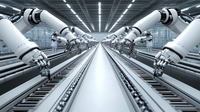 Futuristic automated factory assembly line with numerous white robotic arms performing repetitive tasks on a long conveyor belt.