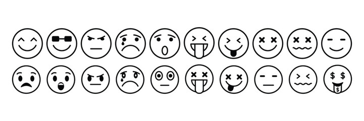 Emoji icon set. Happy, neutral, sad, emoji line art vector icon for apps and websites. Customer satisfaction rating scale with good and bad emotions symbol illustration.