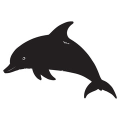A minimalistic illustration of a black silhouette of a dolphin.