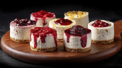 Artisanal mini cheesecakes, assorted berry toppings, elegant presentation - dessert creamy marble