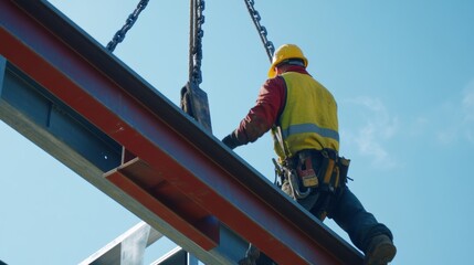 Construction worker lifting steel beams with a hoist for building framing. Featuring teamwork and strength