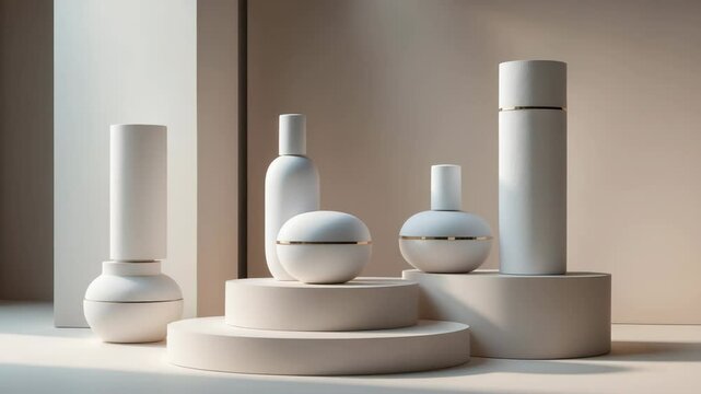 Cosmetics product display mockup scene featuring three white podium pillars. Perfect for presenting beauty products, perfumes, jewelry, and contemporary branding visuals.