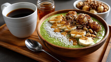 vibrant green smoothie bowl topped with banana slices, granola, and peanut butter, served with