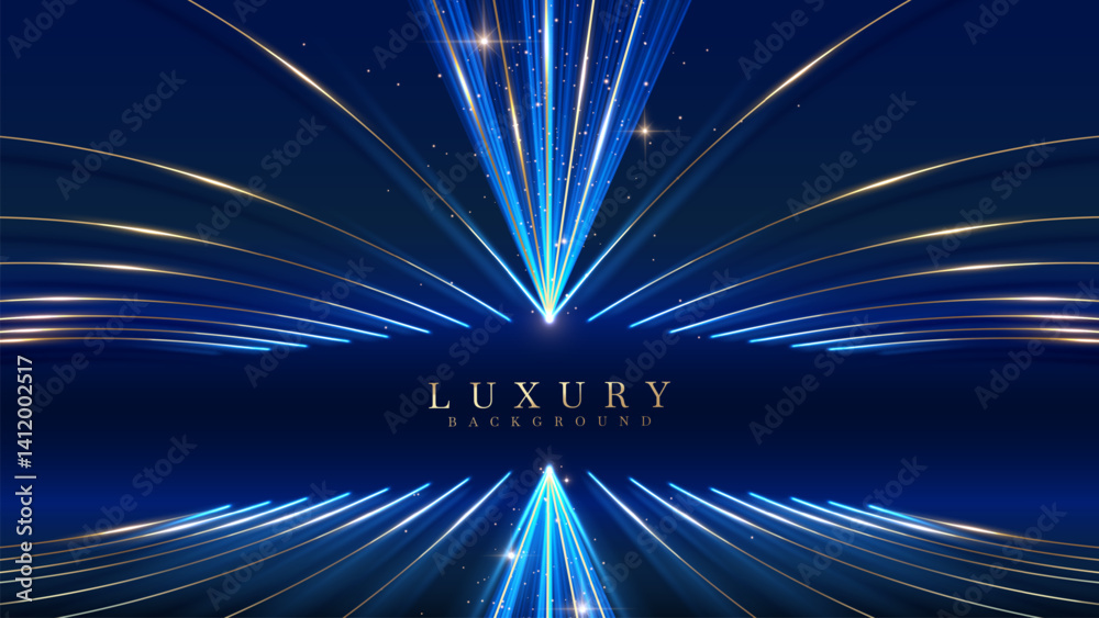 Wall mural blue luxury background with effect glowing with bokeh and golden curves, this elegant backdrop desig
