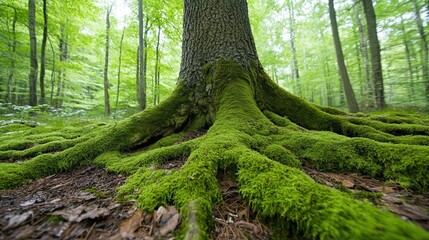 Fototapeta premium A tree trunk with moss is a tree trunk covered with green moss, gaining freshness after rain. 