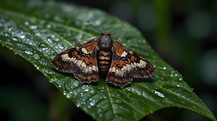 "Camouflaged and calm, a moth clings to the soaked underside of a rainforest leaf."
