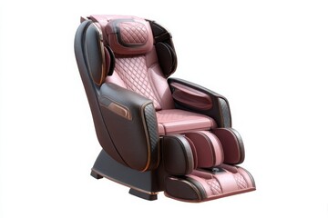 Naklejka premium Luxury Massage Chair Photo: Brown & Pink Quilted Leather, Isolated on White. Relaxation, Wellness, Home Comfort