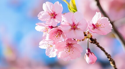Obraz premium Blooming cherry blossoms â€“ branches of cherry blossoms with large pink flowers. 