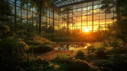 Sunset view from inside a glass greenhouse, lush greenery and plants reflecting golden light.