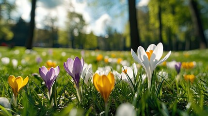 Blooming crocuses â€“ beautiful crocus flowers appearing on the lawn. 