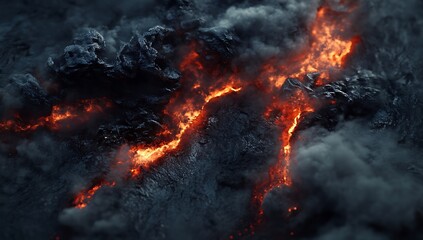 Fototapeta premium Close-up of burning embers and flames on a black background, with smoke and fire sparks