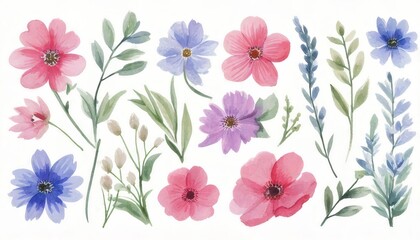 Delicate watercolor flowers and leaves create a vibrant arrangement, perfect for adding a touch of nature to any design