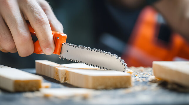 Carpenter cutting wood with a jigsaw tool. Featuring woodworking and tool usage