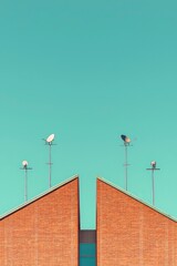 Minimalist Architecture Brick Building with Satellite Dishes Against a Teal Sky