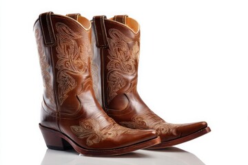 Pair of Leather Cowboy Boots Still Life Photo - Western Style Footwear on White Background