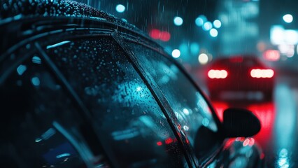 Rainy Night Cityscape with Illuminated Car Tail Lights