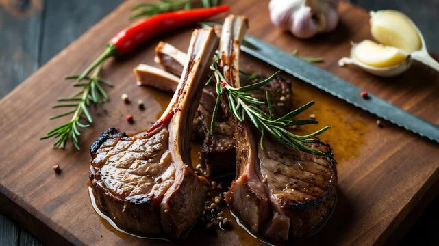 Braised Lamb Chops: Aerial Perspective of Rack of Lamb with Garlic and Peppercorns