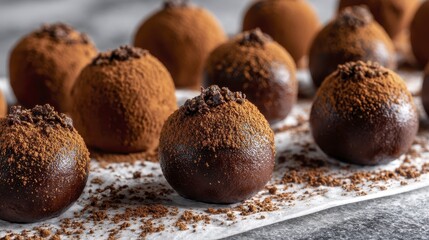 Rows of perfectly formed chocolate truffles dusted with cocoa powder, arranged on a parchment paper - appetizing photography  macro