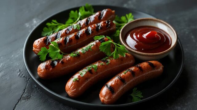 Grilled sausage garnished with fresh parsley on a plate with empty space. Overhead view, flat lay