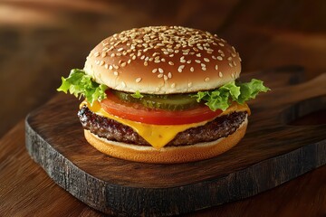Delicious cheeseburger with cheddar, lettuce, tomato, and pickles on rustic board, top view, perfect for food content. AI generated image.