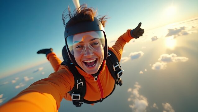 A joyful young woman enjoys skydiving with a bright smile against a stunning backdrop of clouds and sunset.