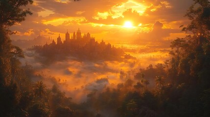 Naklejka premium Golden Sunset Over Mystical City In Tropical Landscape Photo