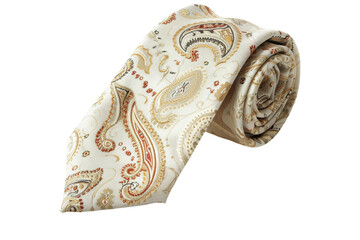 Fototapeta premium Elegant paisley tie rolled up on a white surface showcasing intricate patterns and colors isolated on transparent background