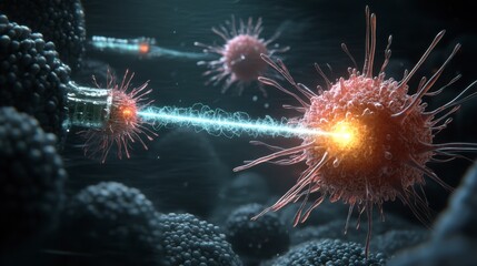 Microscopic view of nanorobot destroying cancer cells. Dark background, glowing light beam.