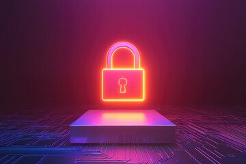 Futuristic 3D digital padlock above circuit base on dark gradient. Symbol of cybersecurity, privacy, and protection. AI generated image.