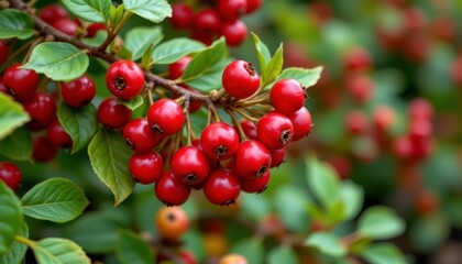 Vibrant Red Berries on Green Leaves Amidst a Lush Natural Background for Fresh Seasonal Imagery