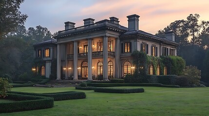 Grand Mansion Estate With Lush Green Lawn At Twilight Hour Photo
