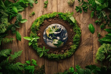 Earth Day natural flat lay with soil in Earth shape and fresh leaves. Rustic, eco-friendly design. AI generated image.