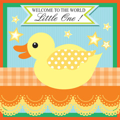 Fototapeta premium Baby shower card design with cute duck and stars