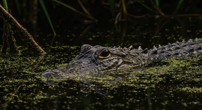 Alligator head emerging from dark swamp water covered with duckweed. Reptile in natural habitat for wildlife conservation and wetland ecosystem protection awareness