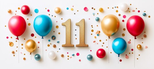 Golden Number 11 Balloon With Festive Colorful Balloons And Confetti For 11th Birthday
