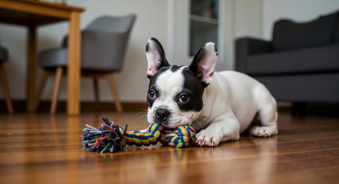 French bulldog puppy chewing colorful rope toy on wooden floor with living room furniture background. Playful pet in home environment for animal care and pet products advertising - Powered by Adobe