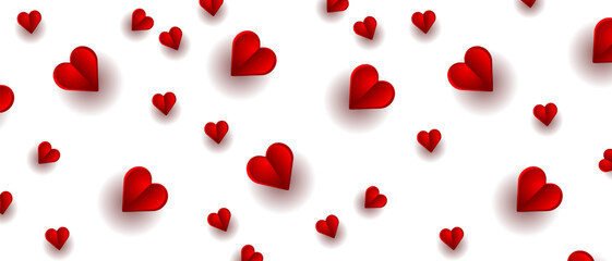 Pattern of red hearts on a white background. Valentine’s Day background in papercut style. Vector illustration.