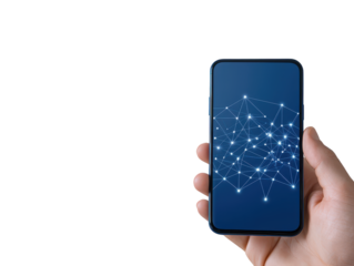Hand holding phone, seamless network connectivity in the digital age