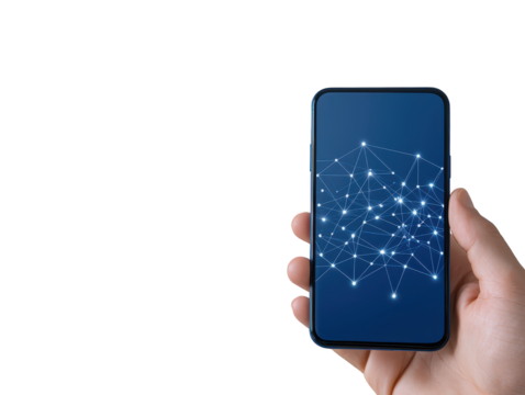 Hand holding phone, seamless network connectivity in the digital age