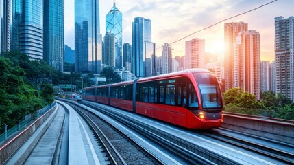 Naklejka premium Red modern tram travels through a city with skyscrapers during a vibrant sunset.
